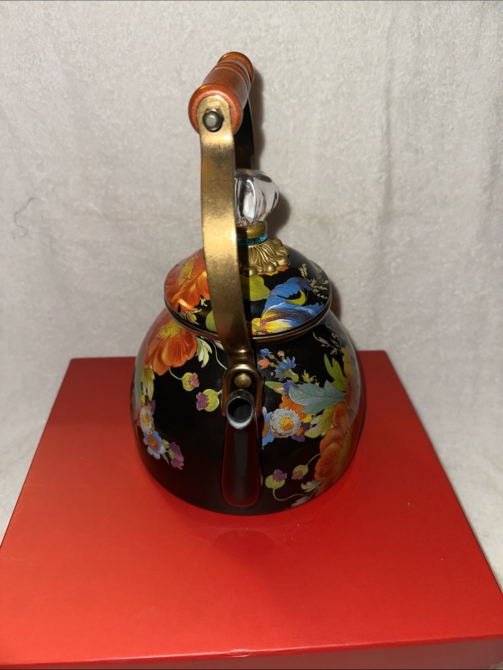 MacKenzie-Childs Floral Black Enamel Tea Kettle with Wooden Handle - Picture 4 of 7